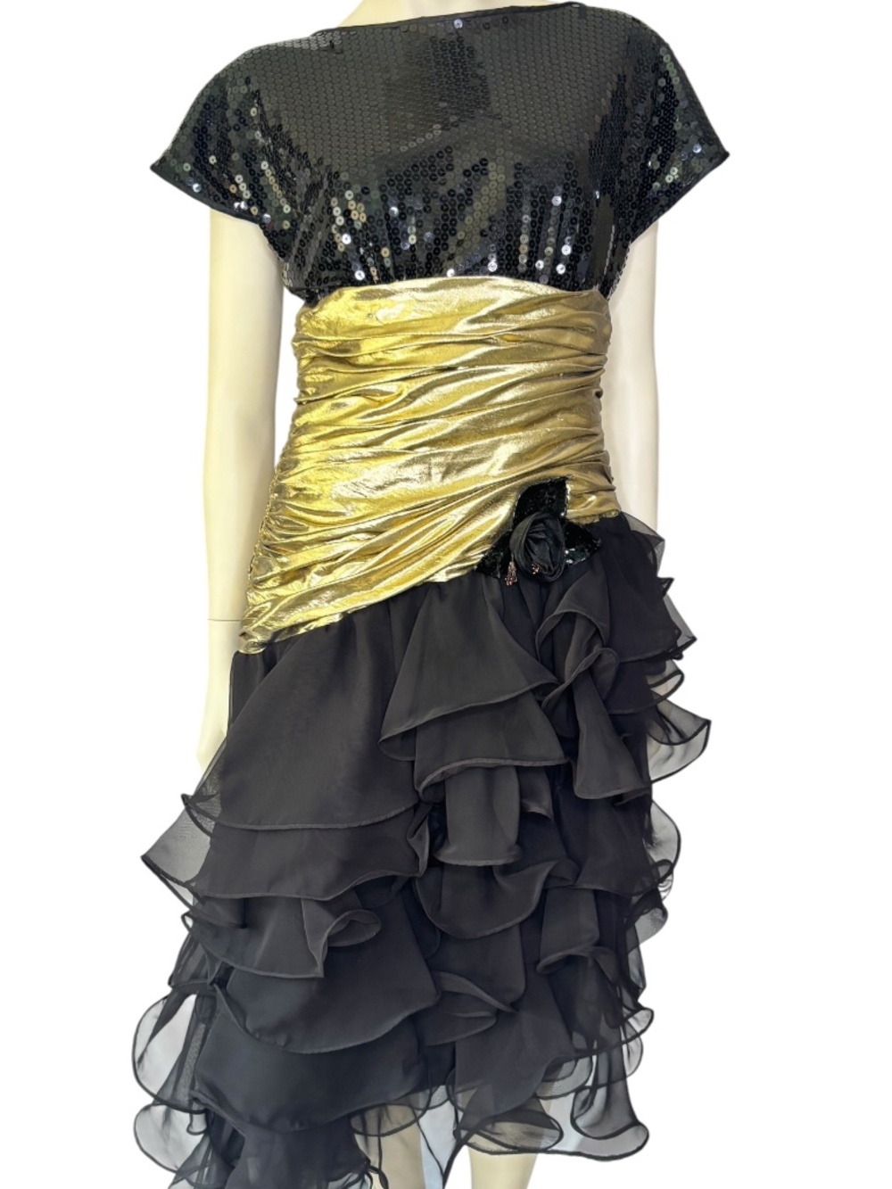 Vintage 1980's Lillie Rubin Black‎ Sequin & Gold Lamé Ruffle Cocktail Dress M